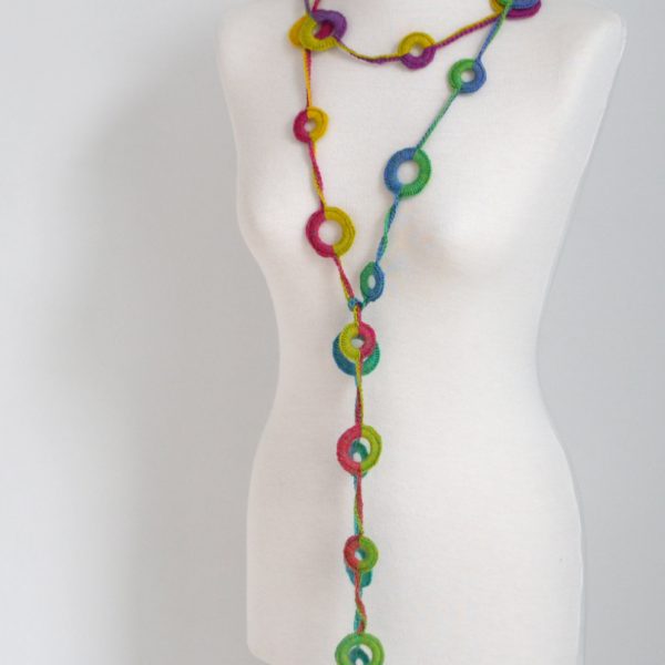 Crochet circle necklace, rainbow colors, N382