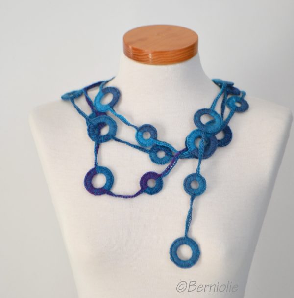 Crochet circle necklace shades of blue and hint of purple, N376