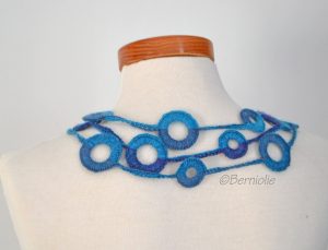 Crochet circle necklace shades of blue and hint of purple, N376