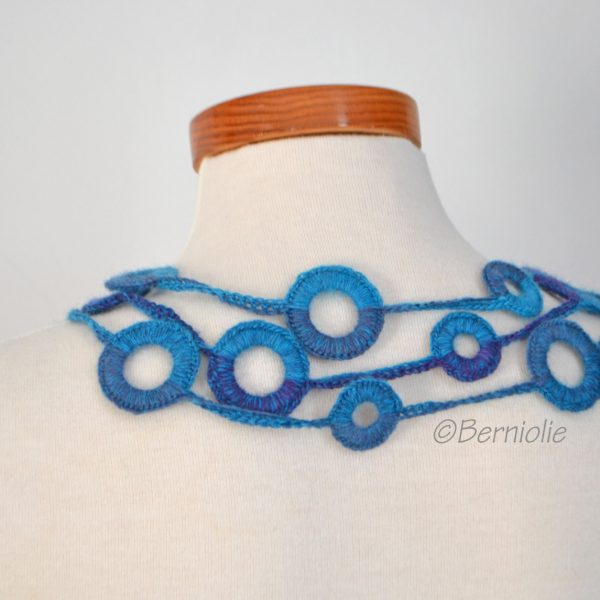 Crochet circle necklace shades of blue and hint of purple, N376