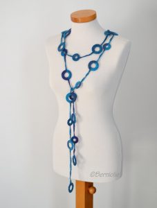 Crochet circle necklace shades of blue and hint of purple, N376