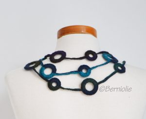 Crochet circle necklace, shades of dark blue, turquoise and purple, N390