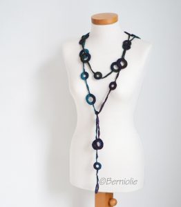 Crochet circle necklace, shades of dark blue, turquoise and purple, N390