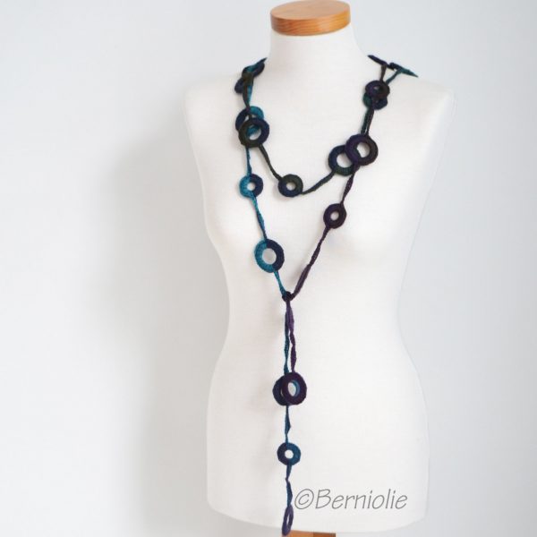 Crochet circle necklace, shades of dark blue, turquoise and purple, N390