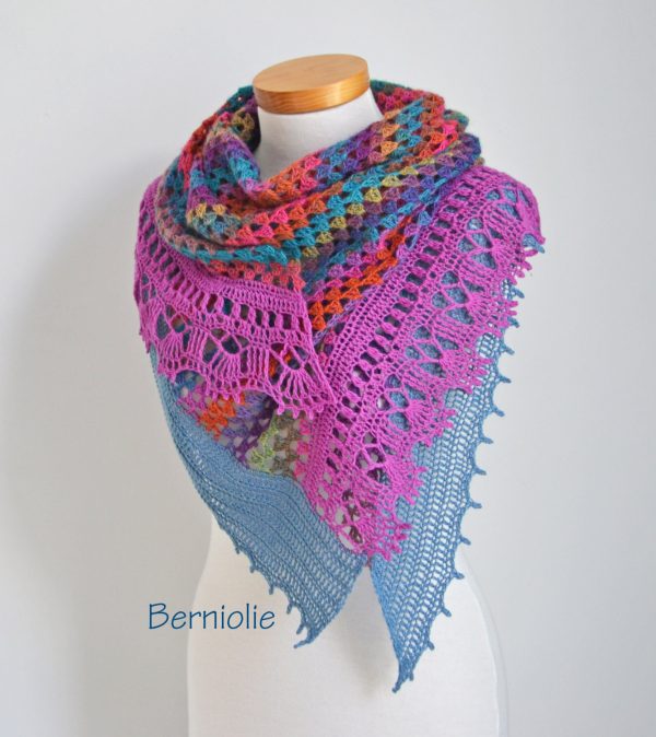 Lace crochet shawl, stole, Pink, blue, orange, N352