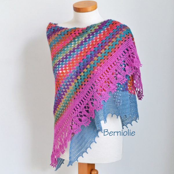 Lace crochet shawl, stole, Pink, blue, orange, N352