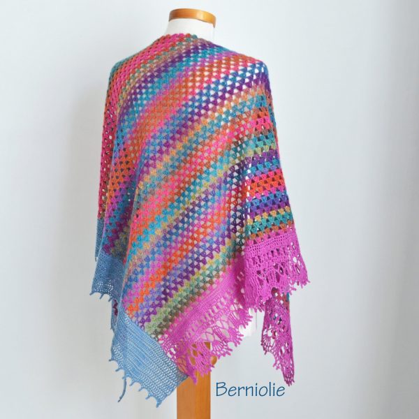 Lace crochet shawl, stole, Pink, blue, orange, N352