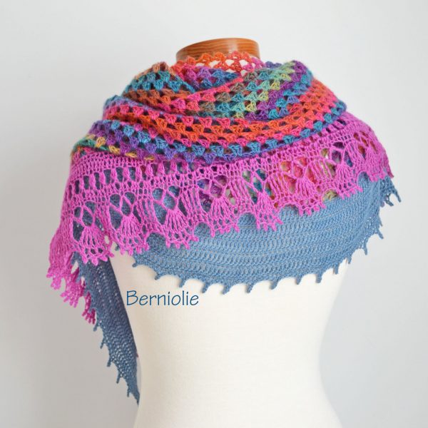 Lace crochet shawl, stole, Pink, blue, orange, N352