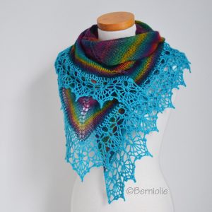 Rainbow knitted shawl with crochet lace trim, N409