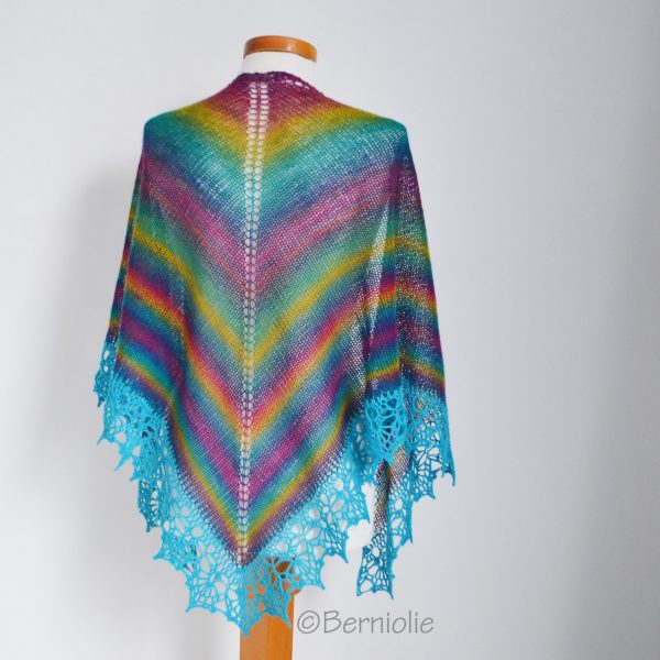 Rainbow knitted shawl with crochet lace trim, N409