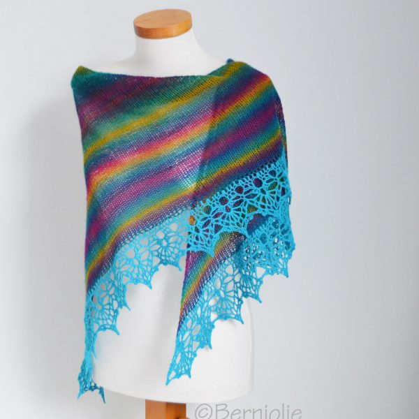 Rainbow knitted shawl with crochet lace trim, N409