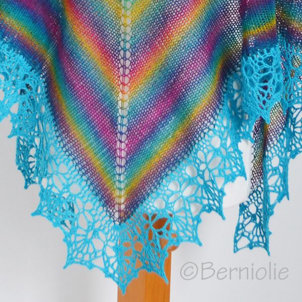 Rainbow knitted shawl with crochet lace trim, N409