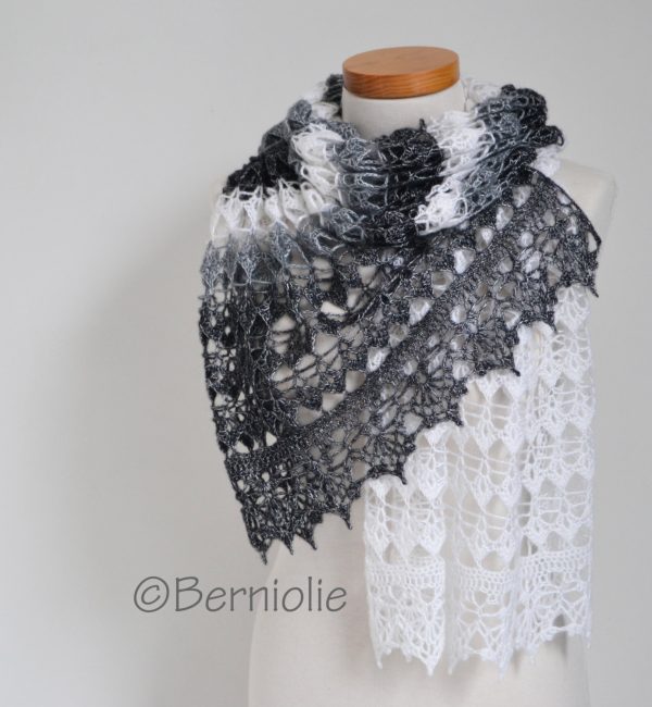 Lace crochet shawl, Black, white, grey,  P425