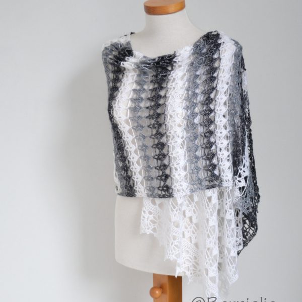 Lace crochet shawl, Black, white, grey,  P425