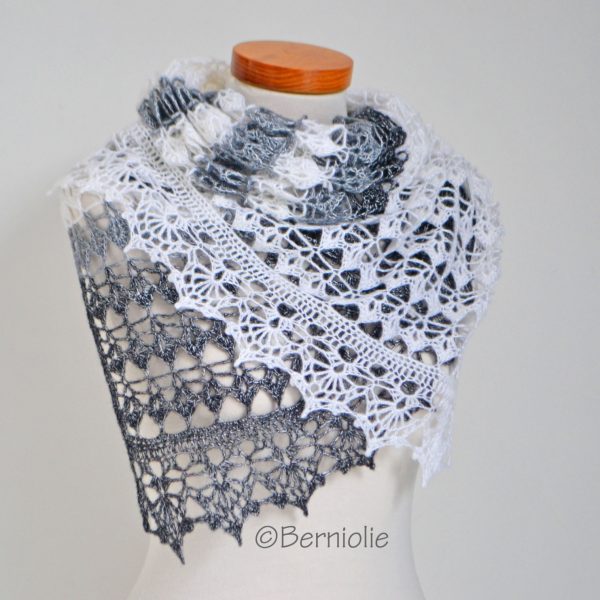 Lace crochet shawl, Black, white, grey,  P425