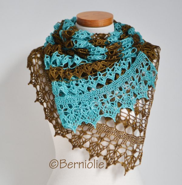 Lace crochet shawl, Brown, Turquoise,  P424