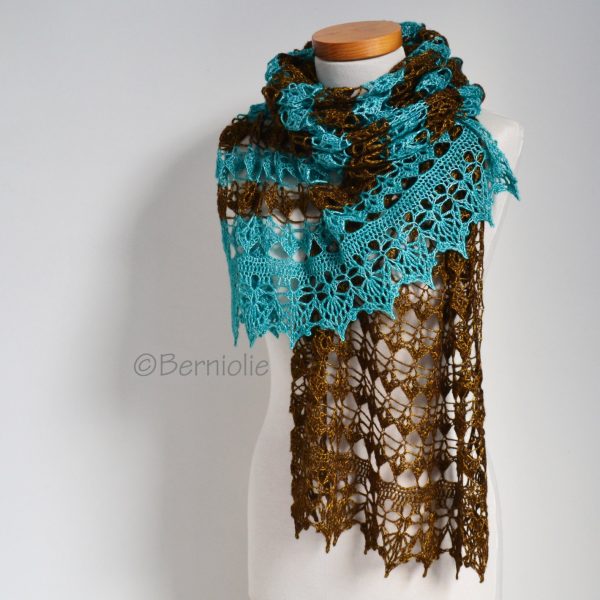 Lace crochet shawl, Brown, Turquoise,  P424