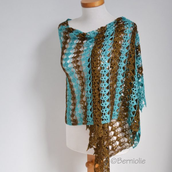 Lace crochet shawl, Brown, Turquoise,  P424