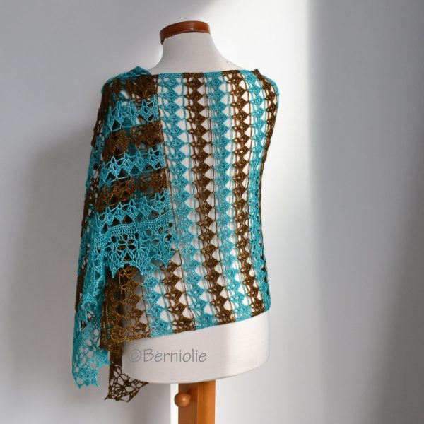 Lace crochet shawl, Brown, Turquoise,  P424